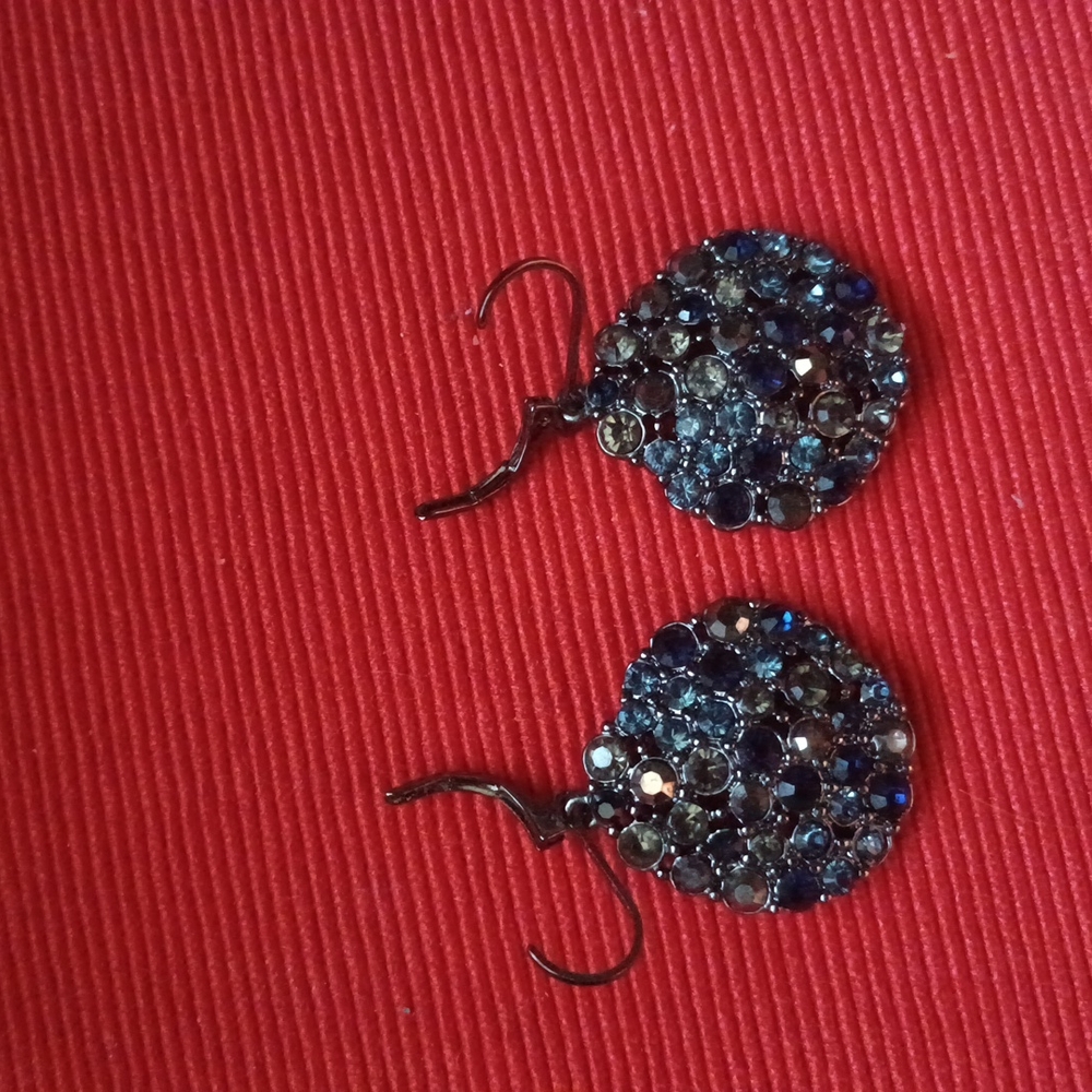 Women's earrings in circle black and blue stones. Back is in black. 2" height